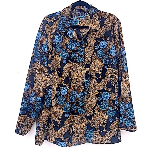 Vintage blue rose women’s blouse button up 22 W - Picture 1 of 6